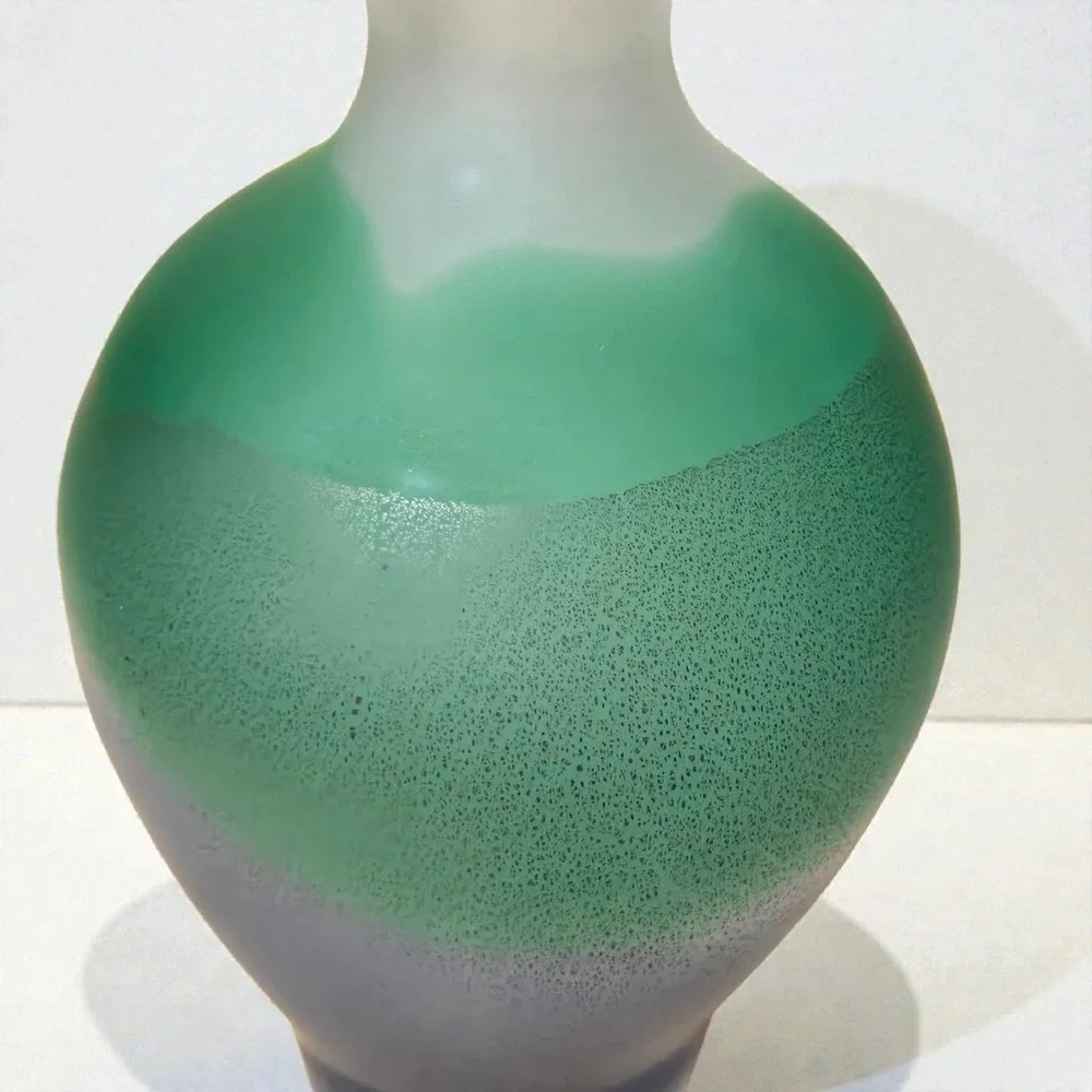 Vintage Toyo Japan Frosted Art Glass Vase Green Purple Scenic Landscape Satin